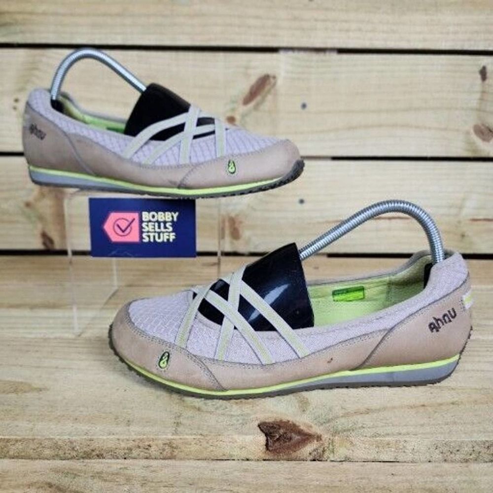 Ahnu Crissy Mary Jane Shoes Women's Sz 9 Beige Tan Leather Fabric Flat Loafers